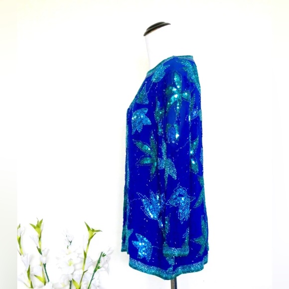 Vintage Jacqueline Ferrar 100% Silk Beaded Sequin Floral Blouse Blue Size 14 - Picture 2 of 7